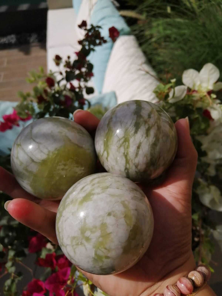 Nephrite Green Jade with White Quartz Sphere – Holly Holistic